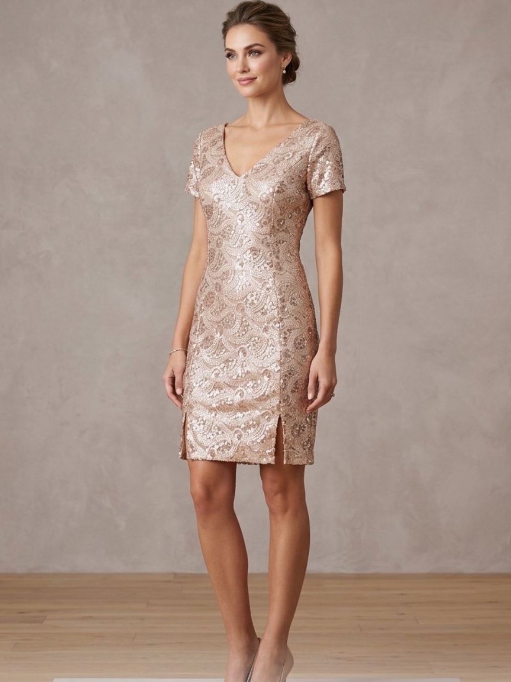 👗Gianni Bini Short Sequin V-Neck Women's Dress in Rose Gold